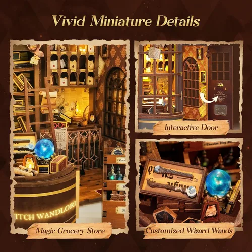 Miniatura 3 de FUNPOLA Kit de varita mágica de rompecabezas de madera 3D para rincón de libros - Juego de manualidades para estantería en miniatura con luz LED