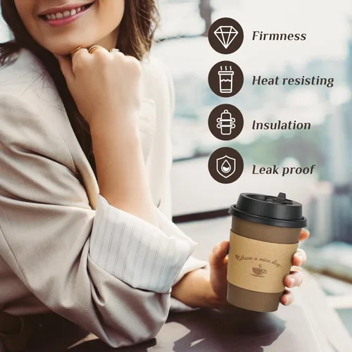 Miniatura 6 de LITOPAK Paquete de 100 tazas de café de papel de 12 onzas con tapas, fundas y palitos de agitación para café, agua o jugo, tazas de papel 12 oz