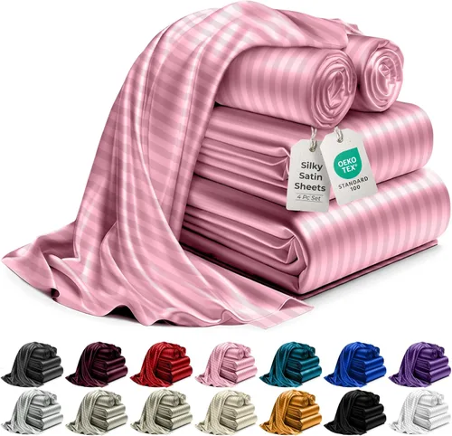 Miniatura 58 de DECOLURE Sábanas de satén para cama - Juego de 6 piezas de ropa de cama de lujo sedosa tamaño King - Más suave que la seda, sin arrugas con sábana