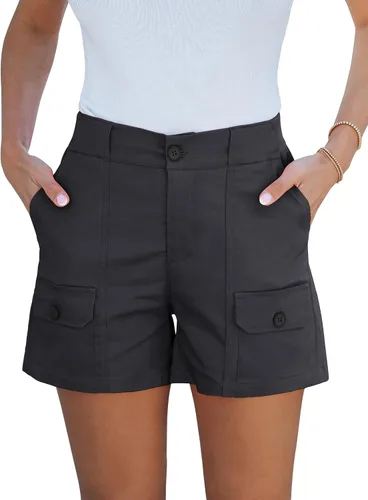 luvamia Pantalones cortos tipo cargo para mujer, casuales, de verano, de cintura alta, pantalones cortos chinos acanalados, cintura elástica,