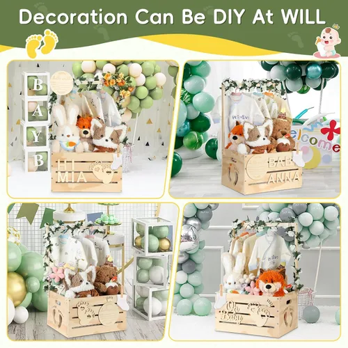 Miniatura 4 de Gran Caja de Madera para Baby Shower, Cesta Personalizable para Baby Shower con Asa y Guirnalda, Caja de Madera para Recién Nacida Niña o Niño