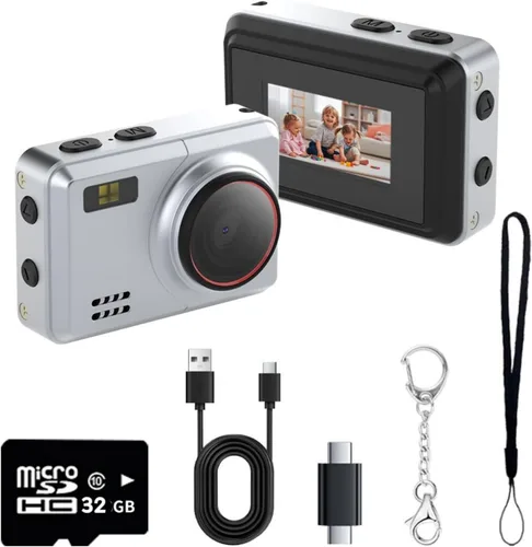 Mini cámara digital retro 1080P HD grabadora de video, cámara de video portátil con llavero con tarjeta de 32 GB y pantalla IPS de 0.96 pulgadas,
