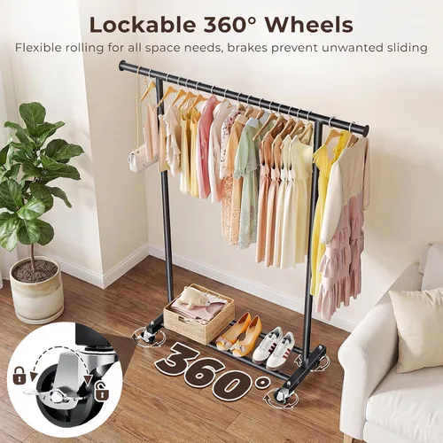Miniatura 5 de Perchero para colgar ropa, 45 pulgadas de ancho, perchero de metal con ruedas, perchero portátil para dormitorio, lavandería, color negro