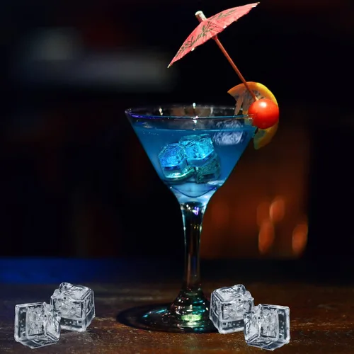 Miniatura 5 de Cubos de hielo iluminados para bebidas, 48 cubos de hielo LED azules activados por líquidos, que brillan en la oscuridad, cubos de hielo