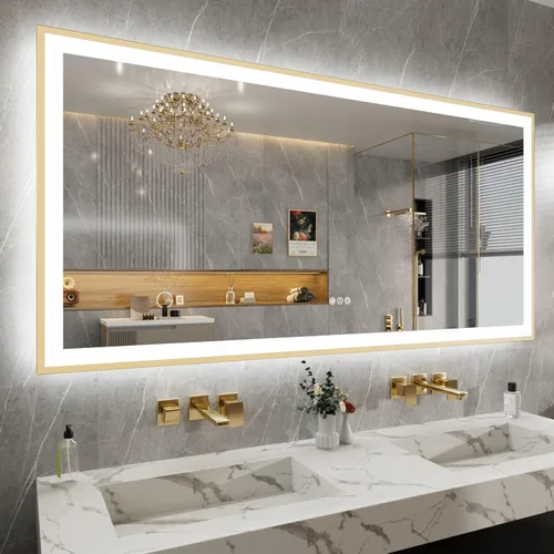 Miniatura 59 de Espejo de baño LED de 60x36 pulgadas con marco negro, espejos de baño retroiluminados y con luz frontal para pared, antiempañamiento, regulable
