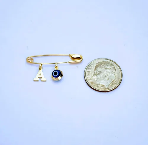 Miniatura 6 de 14k. Yellow Gold Baby Safety Pin Evil Eye & Initial Charms/Christening/Baptism/NOT Gold Filled NOT Gold Plated