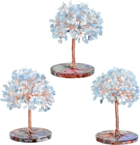 Miniatura 4 de Nupuyai Árbol de dinero de piedra de cristal aguamarina envuelto en rodajas redondas de ágata orgónica, árbol de la vida, bonsái de Feng Shui
