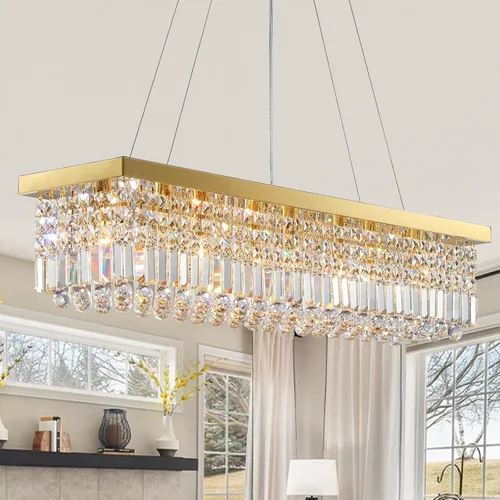 Miniatura 16 de Candelabros Modernos de Cristal para Lámpara de Comedor, Candelabro de Techo Rectangular Dorado de 6 Luces para Isla de Cocina y Sala de Estar