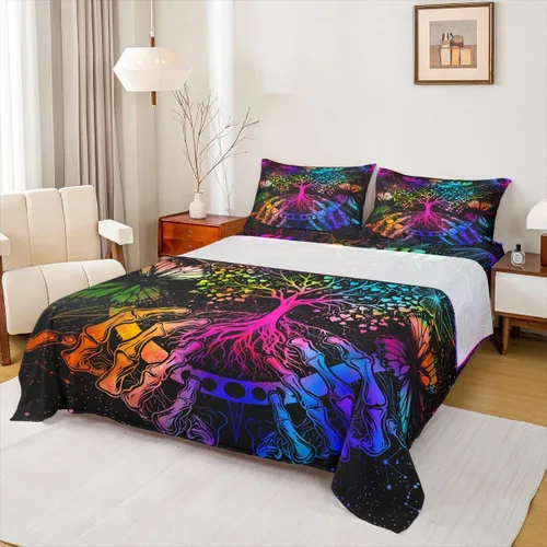 Miniatura 24 de Erosebridal Juego de sábanas tamaño individual con estampado de luna, diseño de flores de loto, color morado degradado, juego de sábanas orientales