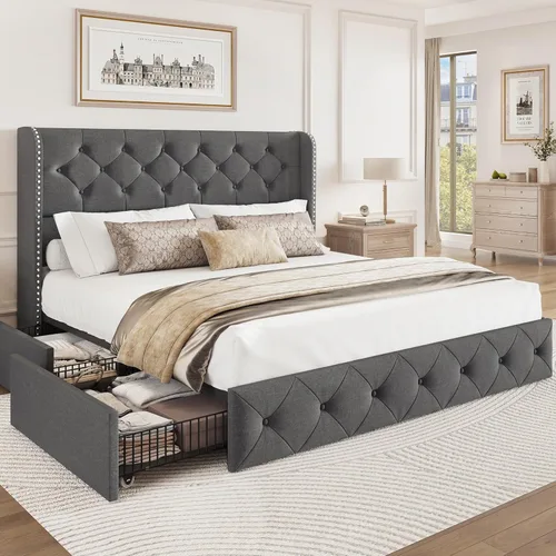 Miniatura 10 de BRELTAM Marco de Cama Tamaño Queen con Cajones de Almacenamiento y Cabecero Wingback Tapizado en Terciopelo Marco de Cama Plataforma Camas Blanco