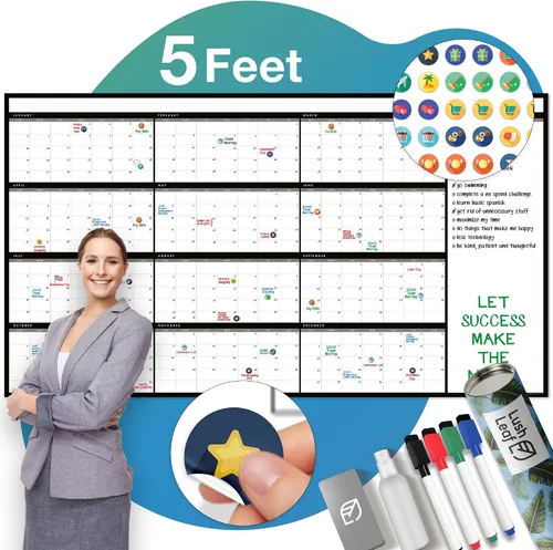 Calendario grande de borrado en seco para pared, 38 x 68 pulgadas, sin fecha, anual, reutilizable, año completo de 12 meses, incluye marcadores,