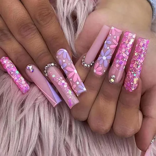 Miniatura 12 de Uñas postizas a presión de longitud cuadrada larga, cobertura completa, reutilizables, uñas postizas de bailarina, uñas adhesivas con diseños