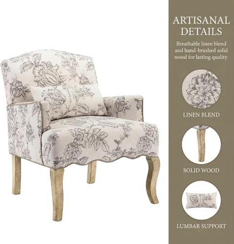 Miniatura 6 de Shunzhi Sillas de Acento Florales Estilo Granja Sillón Tapizado de Lino Silla de Lectura Moderna de Mediados de Siglo Sofá Individual con Almohada