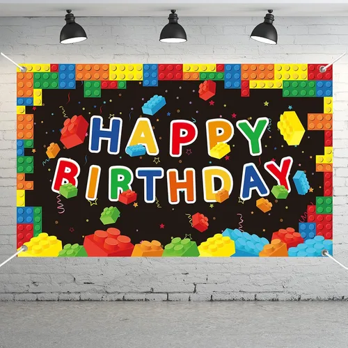 Chiazllta Bloques de construcción con texto en inglés «Happy Birthday», bloques de colores, decoraciones de fiesta de cumpleaños, telón de fondo