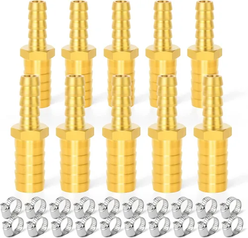 Miniatura 9 de GASHER 20 Piezas Reductor de Púas de Manguera de Latón, 1/2 Pulgada a 1/2 Pulgada (12.7mm) ID de Manguera con 40 Abrazaderas de Manguera, Reductor