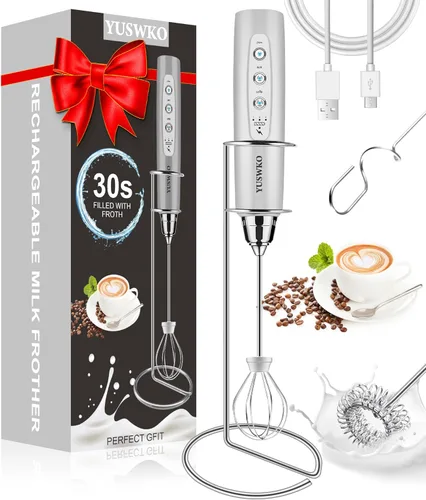 Miniatura 20 de YUSWKO Espumador de leche de mano para café con soporte, mezclador de bebidas recargable con 3 cabezales, 3 velocidades, batidor eléctrico de café