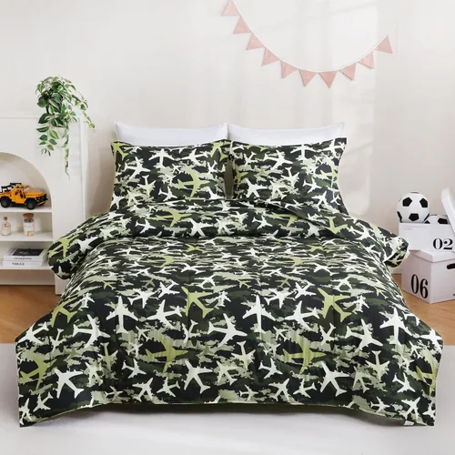 Miniatura 2 de Juego de colcha Yibeizi para avión para niños, tamaño individual, ropa de cama estampada en camuflaje verde para niños con funda de almohada, juego