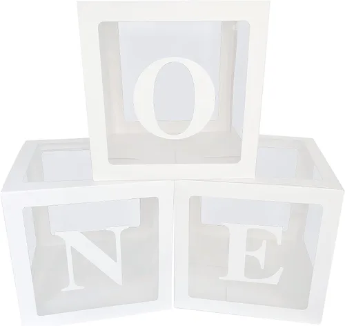 Decoraciones de fiesta de primer cumpleaños para niño o niña con letras individuales de tres cajas cuadradas blancas transparentes, decoración para