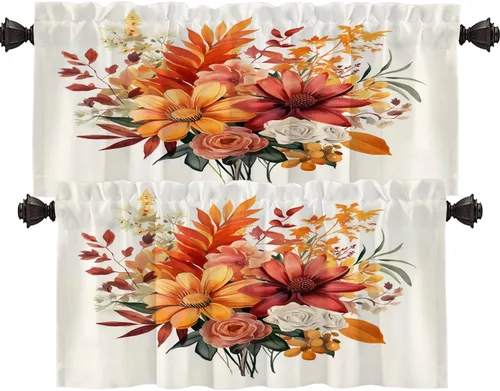 Miniatura 142 de Shrahala Floral Abstract Design Blackout Curtain Tiers, Minimalist Flower Illustration Kitchen Valance Light Blocking Tier Drapes with Rod Pocket, 2