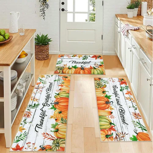 Miniatura 3 de Pauwer Juego de 3 alfombras de cocina de Navidad, tapetes de cocina con flores de Navidad, alfombras y tapetes de cocina antideslizantes y lavables