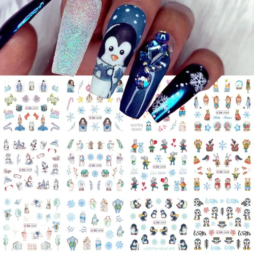 Calcomanías de arte de uñas de copo de nieve, decoraciones de Navidad, 12 hojas de invierno, muñeco de nieve, alce, pingüino, oso, diseño de oso de