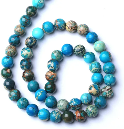 Miniatura 5 de 45 Piezas de 5⁄16 Pulgadas (8 mm) Cuentas de Piedra Natural de Jade de Sedimento Marino Azul con Impresión Espaciadora para Hacer Joyería, Pulseras