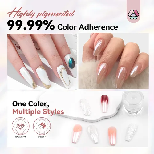 Miniatura 6 de SAVILAND Polvo de uñas cromado con perla blanca: 1 g de polvo de cromo con efecto espejo metálico, unicornio, iridiscente, nacarado, aurora