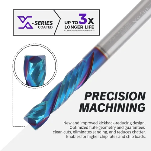 Miniatura 4 de ZahyoX Broca de enrutador CNC espiral de compresión de 3/8 pulgadas, fresadora de extremo CNC de carburo sólido recubierta NACO, diámetro de corte
