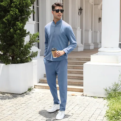 Miniatura 2 de FZNHQL Conjunto de 2 piezas para hombre, de moda, informal, de manga larga, con botones, camisa y pantalón para hombre