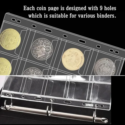 Miniatura 4 de Ettonsun 10 hojas de bolsillo para monedas, tamaño estándar, 9 agujeros, 120 bolsillos para la mayoría de tamaños Página de billetes de banco de 3