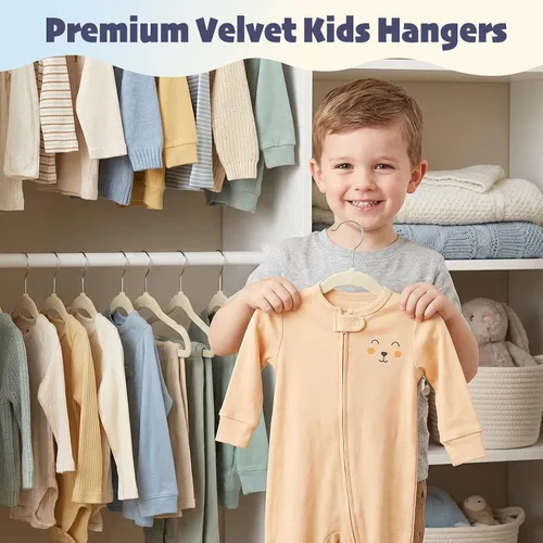 Miniatura 2 de HOUSE DAY Perchas de terciopelo para bebés de 11 pulgadas, paquete de 50 perchas color beige de primera calidad para niños, ropa de bebés y niños
