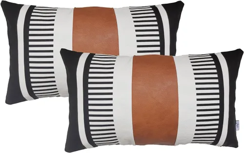 Miniatura 9 de Fundas de almohada lumbar a rayas bohemias de 12 x 20 pulgadas, funda de almohada de cuero moderna para sofá, decoración del hogar rural, color Negro