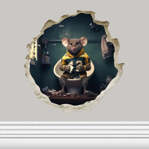 Mouse de fútbol en el inodoro en el agujero del ratón, calcomanía de pared 3D, decoración del hogar de dibujos animados, arte de vinilo, estantería,