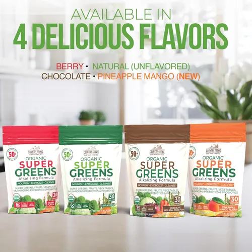 Miniatura 7 de Country Farms Super Greens Sabor piña y mango, 50 súper alimentos orgánicos, mezcla de bebida orgánica USDA (pasto de trigo, espirulina, clorella)
