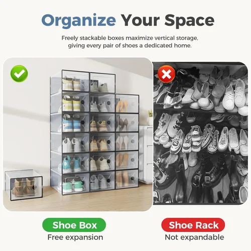 Miniatura 7 de DUMOS Cajas de almacenamiento de zapatos, paquete de 12 contenedores transparentes apilables para zapatos con tapas, organizador de zapatos