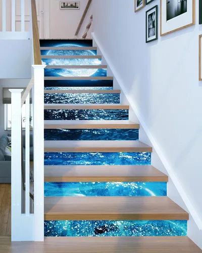 Miniatura 4 de FLFK Calcomanías para escaleras - Adhesivos para escaleras tipo pela y pega, calcomanías brillantes de luna sobre el mar para escalones, Gxl813