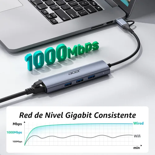 Miniatura 3 de Acer Adaptador USB a Ethernet, Hub USBC Ethernet 1Gbps con 3*USB 3.0, Disipación de Calor de Aluminio, Sin Necesidad de Controlador, Adaptador USB a