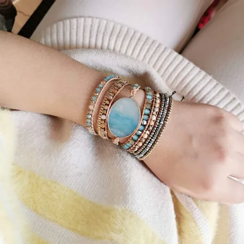 Miniatura 2 de Pulsera de cuero hecha a mano con cuentas de cristal natural, estilo bohemio, Adjustable, piedra natural