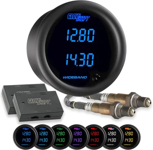 GlowShift Kit de medidor AFR de doble banda ancha digital de 7 colores, incluye sensores de oxígeno, salida de registro de datos, tapones de