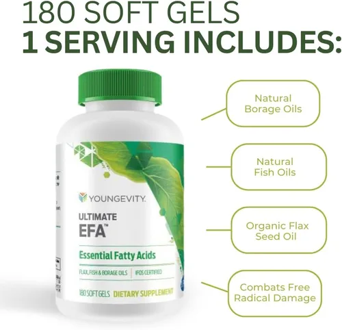 Miniatura 4 de Youngevity Ultimate EFA - Fuente orgánica de ácidos grasos esenciales Omega 3, 6 y 9 Hecho de borraja, lino y aceite de pescado 180