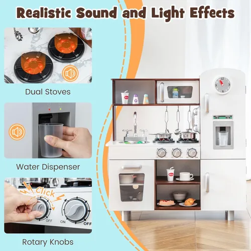 Miniatura 3 de HONEY JOY Juego de cocina para niños, cocina de madera para niños pequeños, utensilios de cocina, teléfono, reloj, dispensador de agua, gabinete