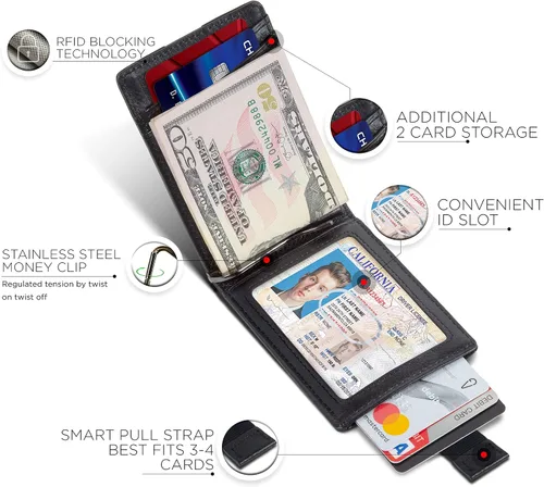 Miniatura 63 de SERMAN BRANDS - Billetera sencilla de cuero genuino con bloqueo RFID para hombre, billetera delgada con bolsillo frontal y clip para dinero