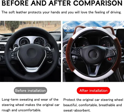 Miniatura 2 de Bittwee Funda para volante de automóvil, felpa suave y esponjosa para invierno cálido, bonito protector de volante con orejas de gatito, universal