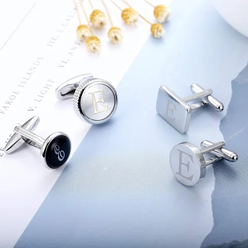 Miniatura 4 de LOYALLOOK 4 pares de gemelos con inicial para hombre, diseño de letras, diseño de alfabeto, para negocios, boda, día del padre