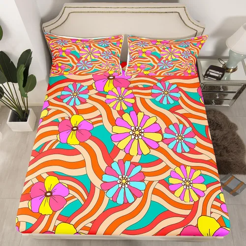 Miniatura 8 de Juego de ropa de cama con diseño floral bohemio, tamaño individual, diseño retro de flores groovy, 60S y 70S, diseño de flores hippie para niños