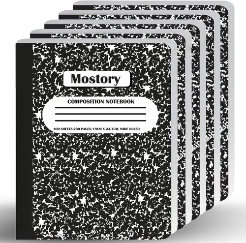 MOSTORY Paquete de 5 cuadernos de composición – 200 páginas con rayas anchas (100 hojas), tamaño 7.5 x 9.75 pulgadas, suministros escolares a