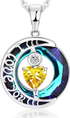 Miniatura 20 de Collares de cristal para mujer, regalos para aniversario de esposa, regalos de cumpleaños para mujeres, collar de zafiro azul con la frase "I Love