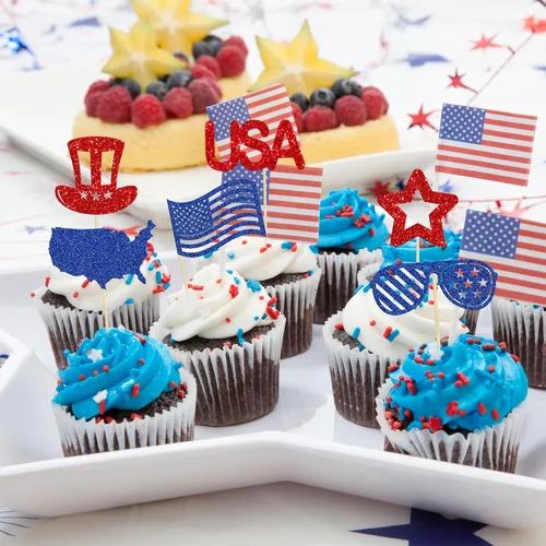 Miniatura 4 de Gyufise 24 adornos para cupcakes del Día de la Independencia con mapa de la bandera de Estados Unidos, patrióticos para cupcakes del 4 de julio, Día