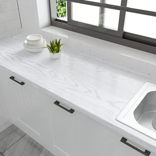 Miniatura 4 de VEELIKE Papel tapiz texturizado de madera blanca de 15.7 x 354 pulgadas y papel de contacto, vinilo de grano de madera plateada para encimeras