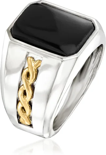 Miniatura 2 de Ross-Simons Anillo de ónix negro para hombre en plata de ley y oro amarillo de 14 quilates
